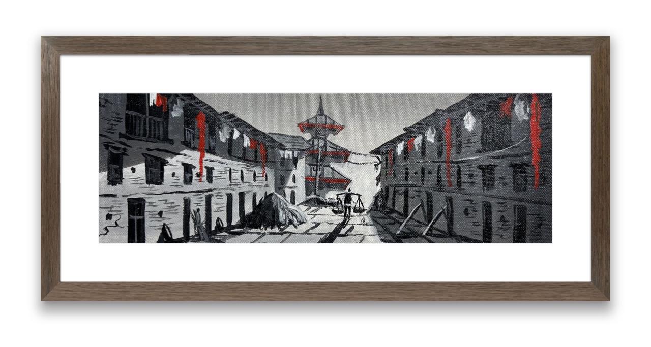 Monochrome Newar Alley – Red Accents and Pagoda Temple Painting