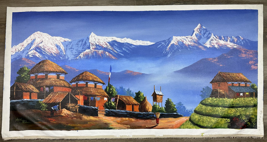 Himalayan Village Life – Acrylic Canvas Painting of Machhapuchhre & Annapurna with Traditional Homes