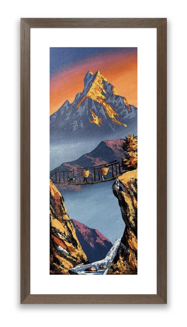 Golden Himalayan Sunrise – Vertical Acrylic Canvas Painting with Porters on Bridge & Waterfall