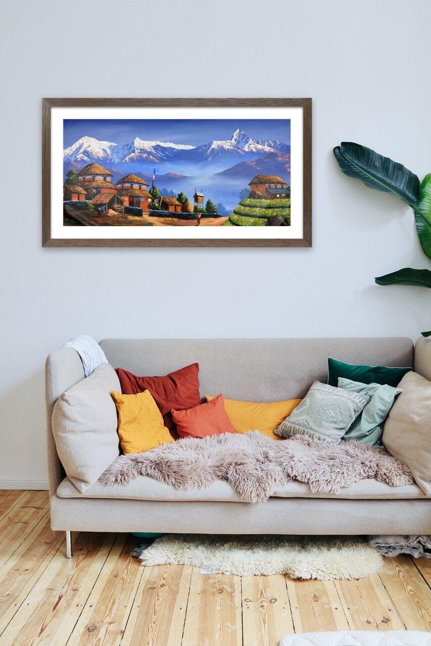 Himalayan Village Life – Acrylic Canvas Painting of Machhapuchhre & Annapurna with Traditional Homes