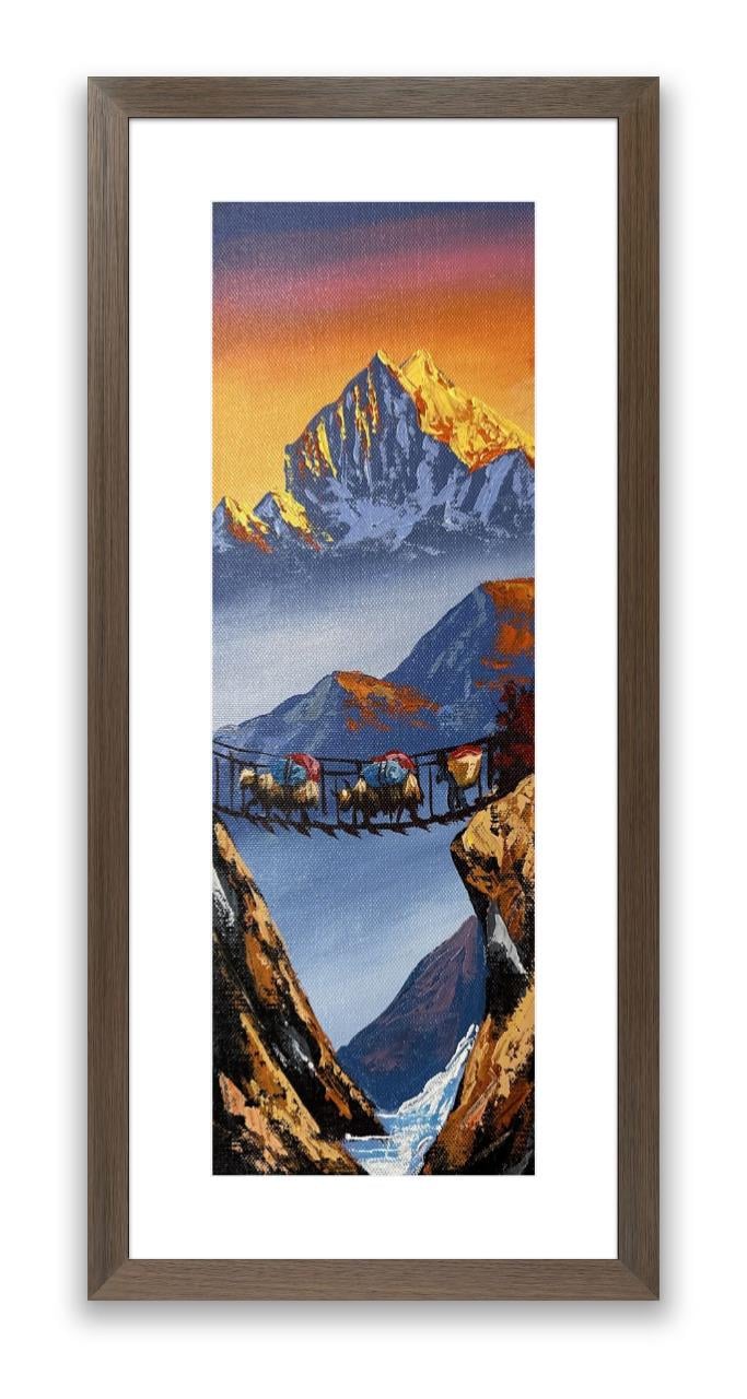 Golden Machhapuchhre – Yak Caravan on Suspension Bridge Painting