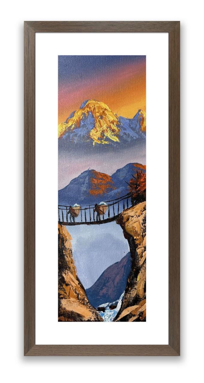 Golden Dawn on Suspension Bridge – Himalayan Landscape Painting