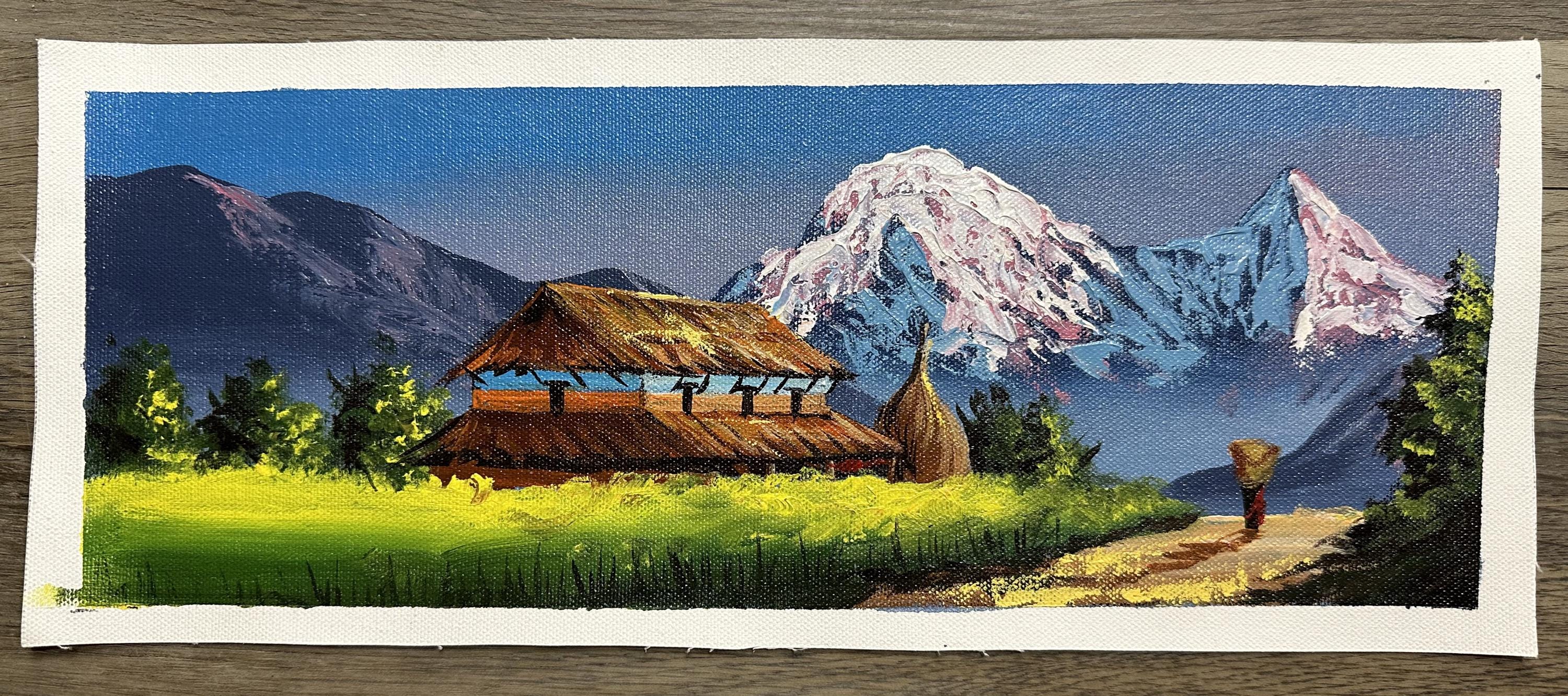 Rustic Himalayan House – Village Path and Mountain View Painting