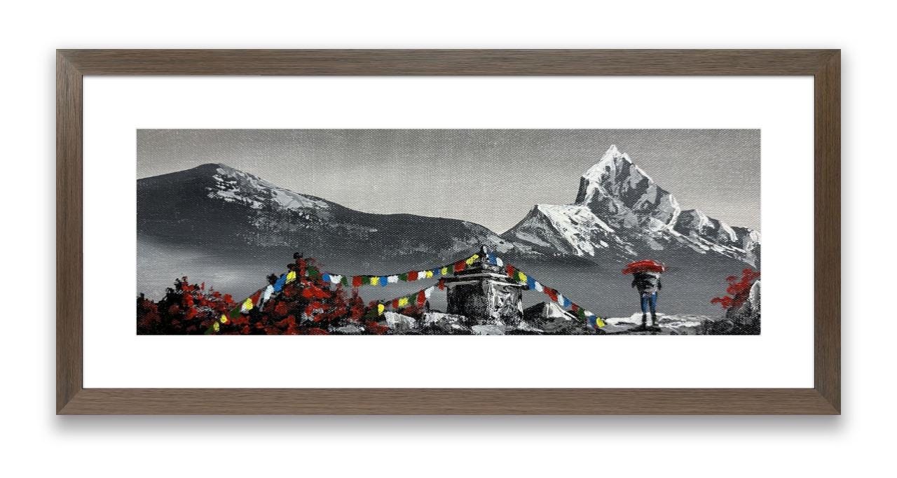 Monochrome Machhapuchhre – Stupa and Prayer Flags Painting