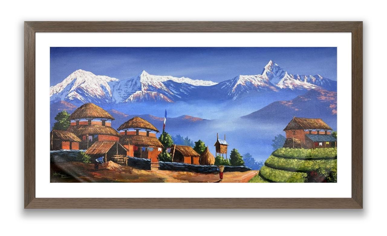 Himalayan Village Life – Acrylic Canvas Painting of Machhapuchhre & Annapurna with Traditional Homes