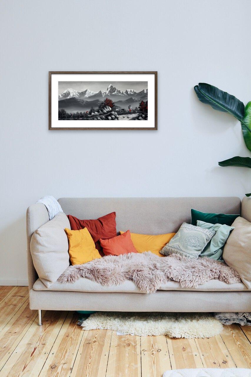 Monochrome Himalayan Village Path – Trekkers, Rhododendrons & Goats