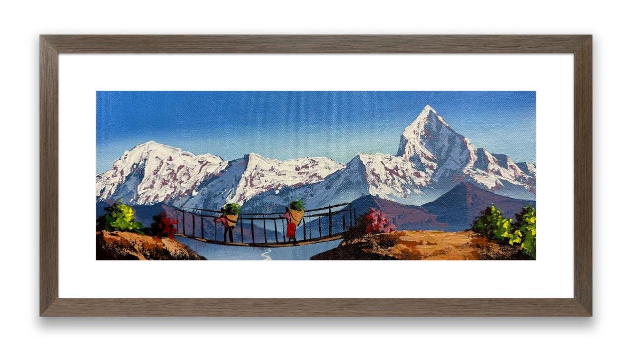 Himalayan Porters on Suspension Bridge – Acrylic Canvas Painting with Machhapuchhre