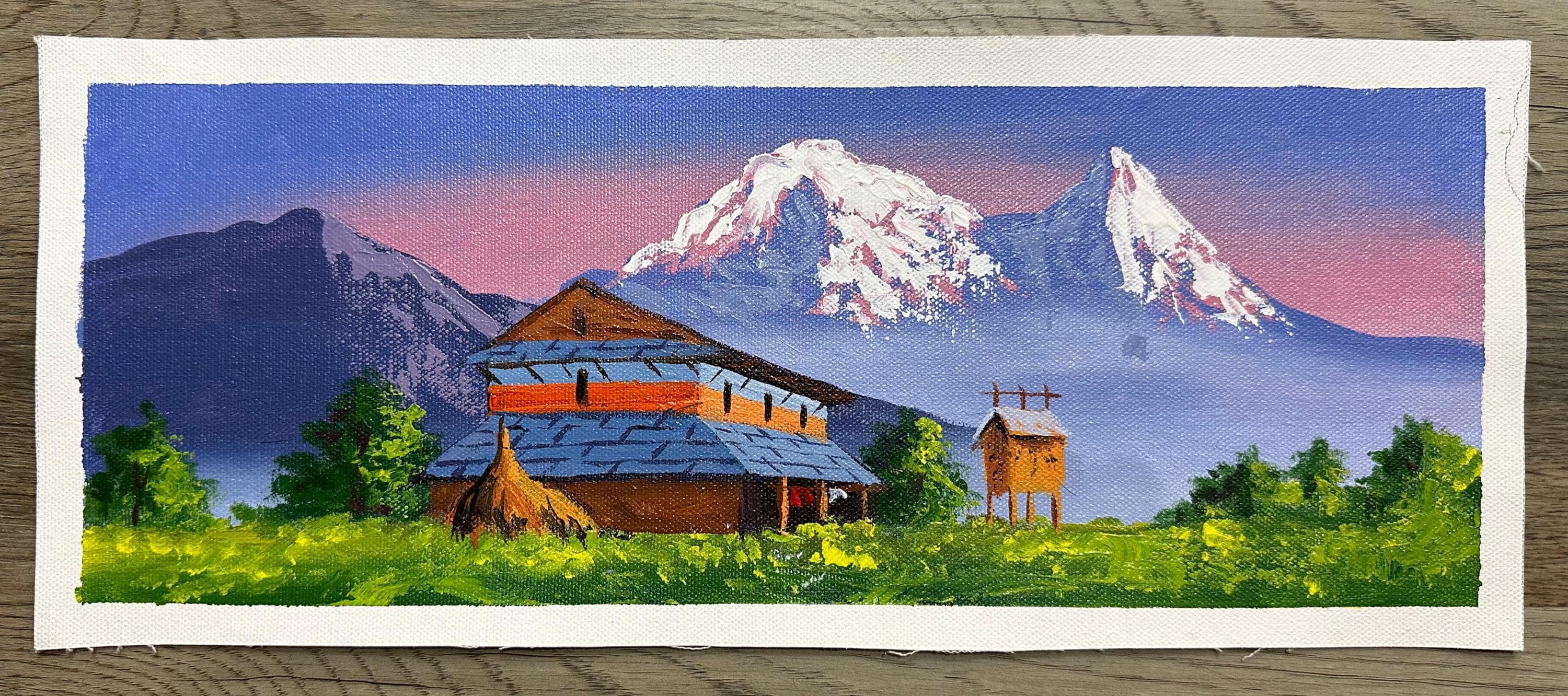 Annapurna Morning – Rustic Village House and Himalayan View Painting