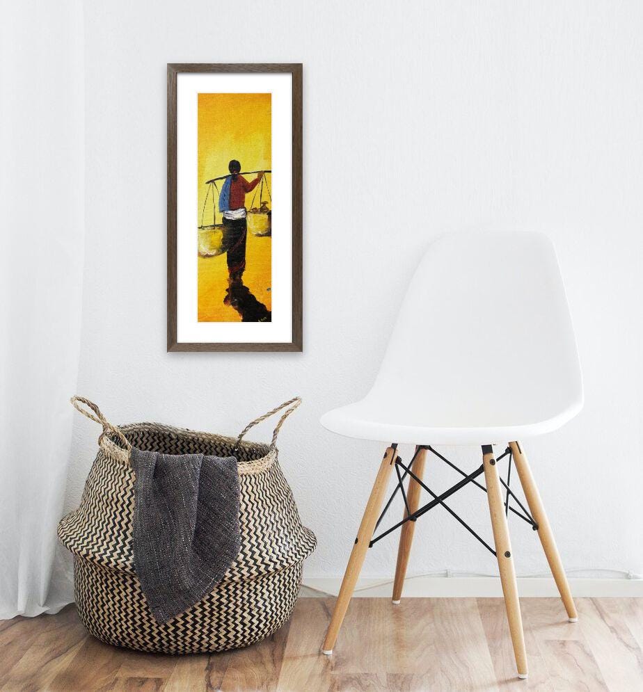 Village Life Silhouette – Acrylic Canvas Painting with Yellow Background
