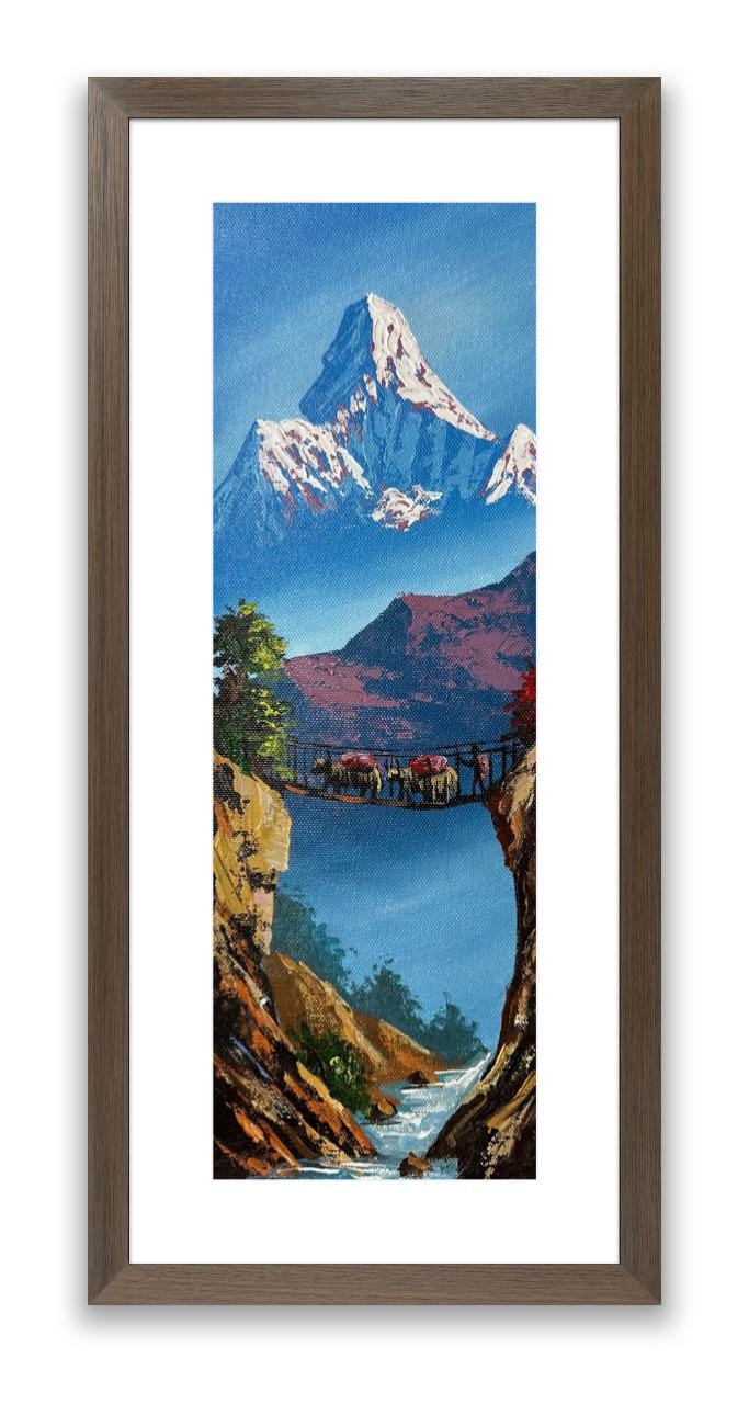 Vertical Himalayan Bridge – Acrylic Canvas Painting with Waterfall & Machhapuchhre