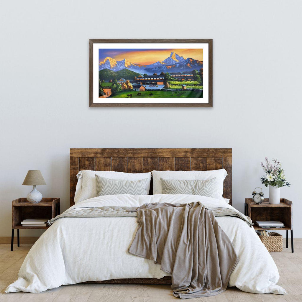 Himalayan Village Sunset – Acrylic Canvas Painting of Machhapuchhre & Nepali Countryside