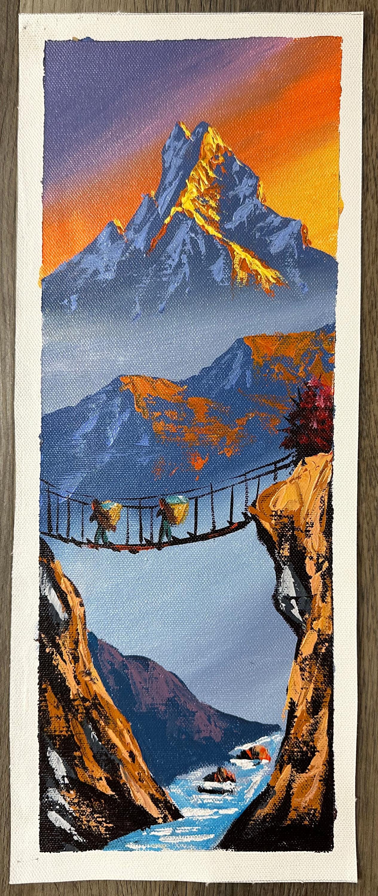 Vertical Golden Himalayan Bridge – Acrylic Canvas Painting with Sunset & Trekkers
