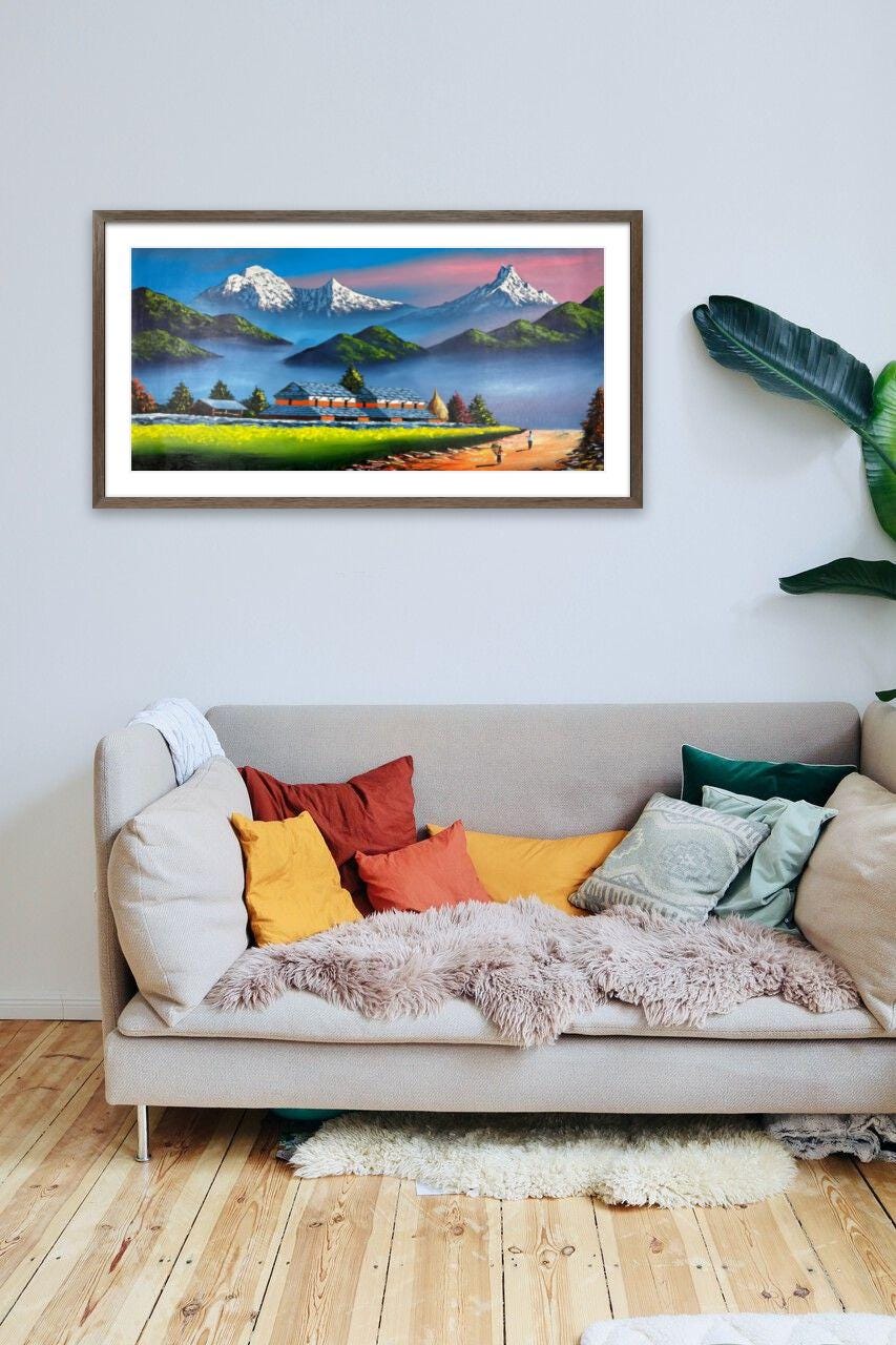 Himalayan Countryside – Acrylic Canvas Painting of Machhapuchhre & Village Path