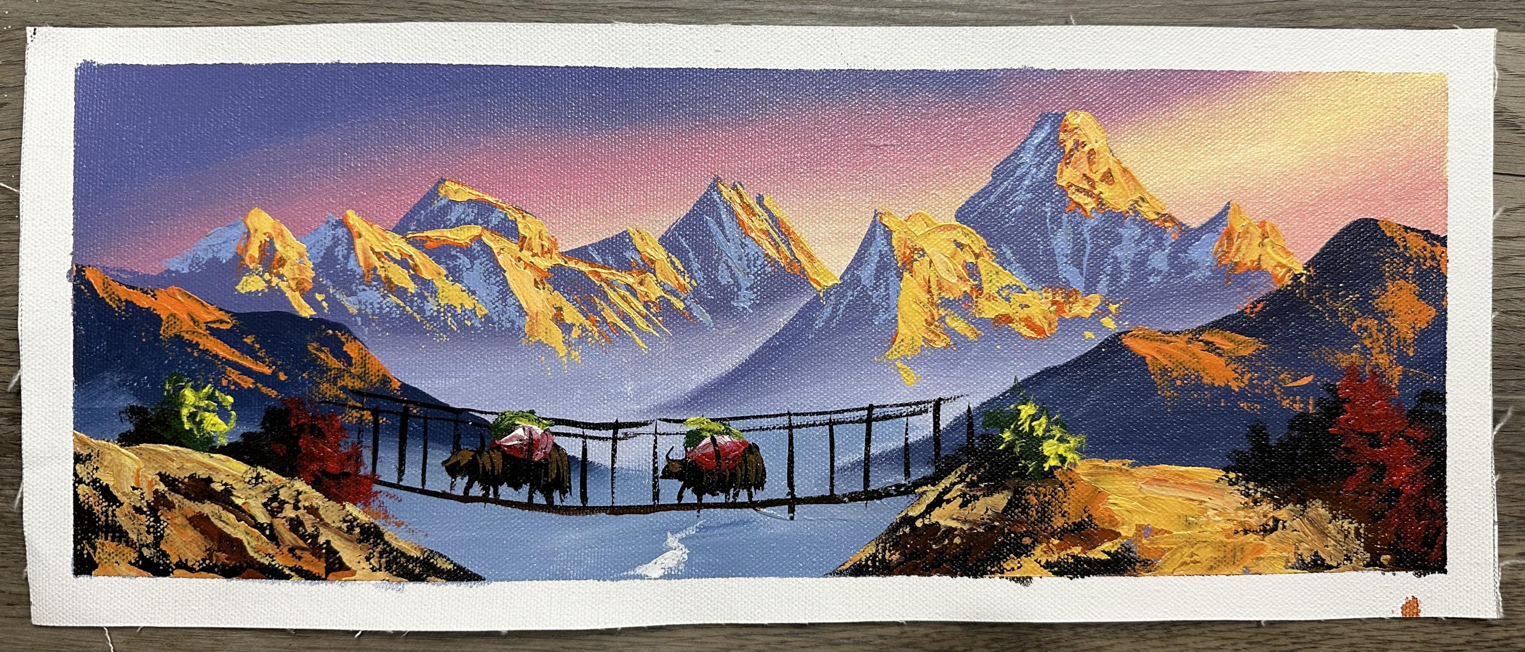Sunrise Over the Himalayas – Yak Caravan on Suspension Bridge Acrylic Canvas Painting