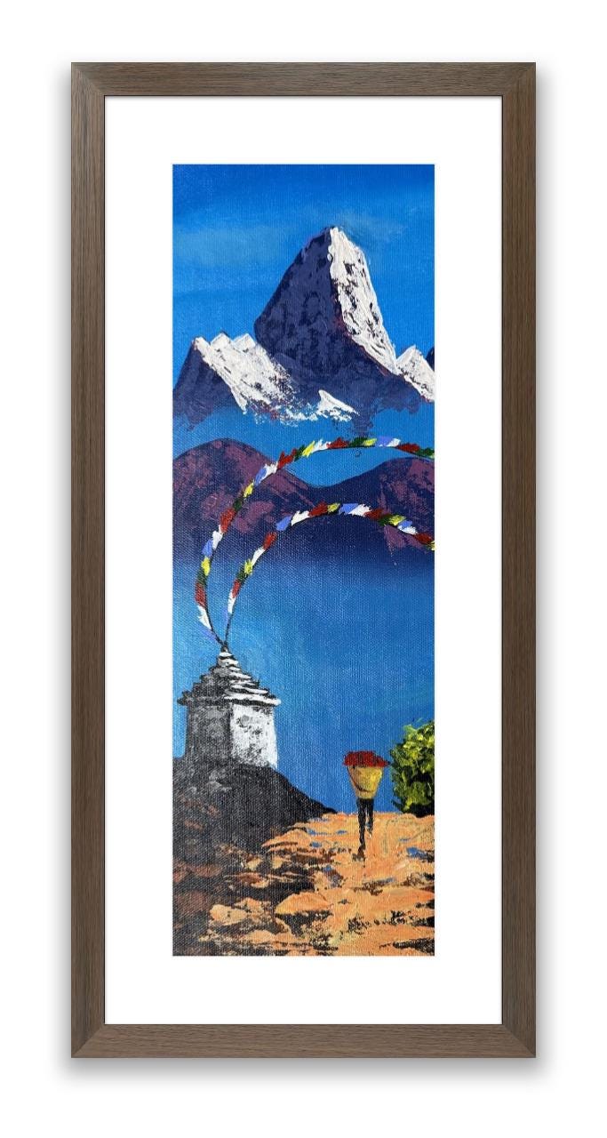 Ama Dablam Sunrise – Prayer Flags and Lone Traveler Himalayan Painting