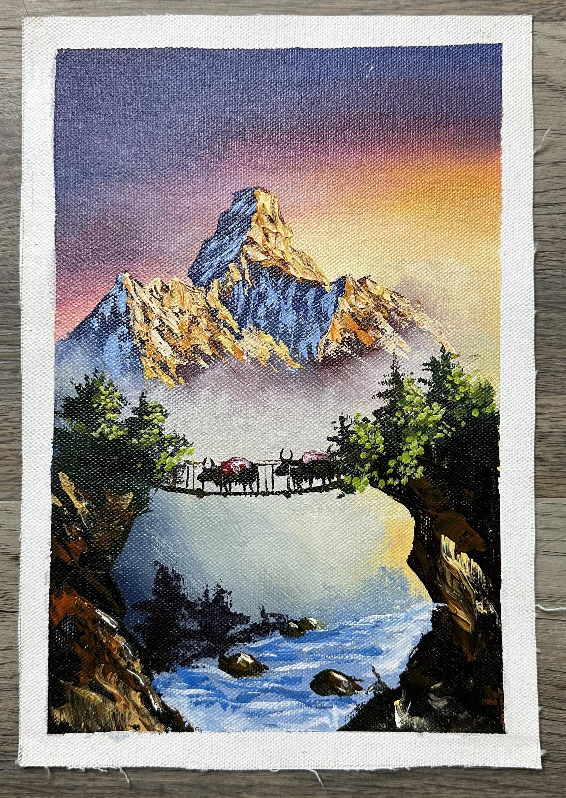 Golden Bridge Crossing – Machapuchare Himalayan Sunset Painting