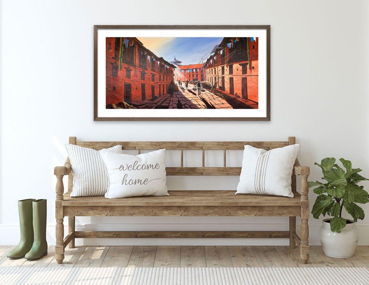 Kathmandu Valley Street – Acrylic Canvas Painting of Traditional Brick Houses & Daily Life