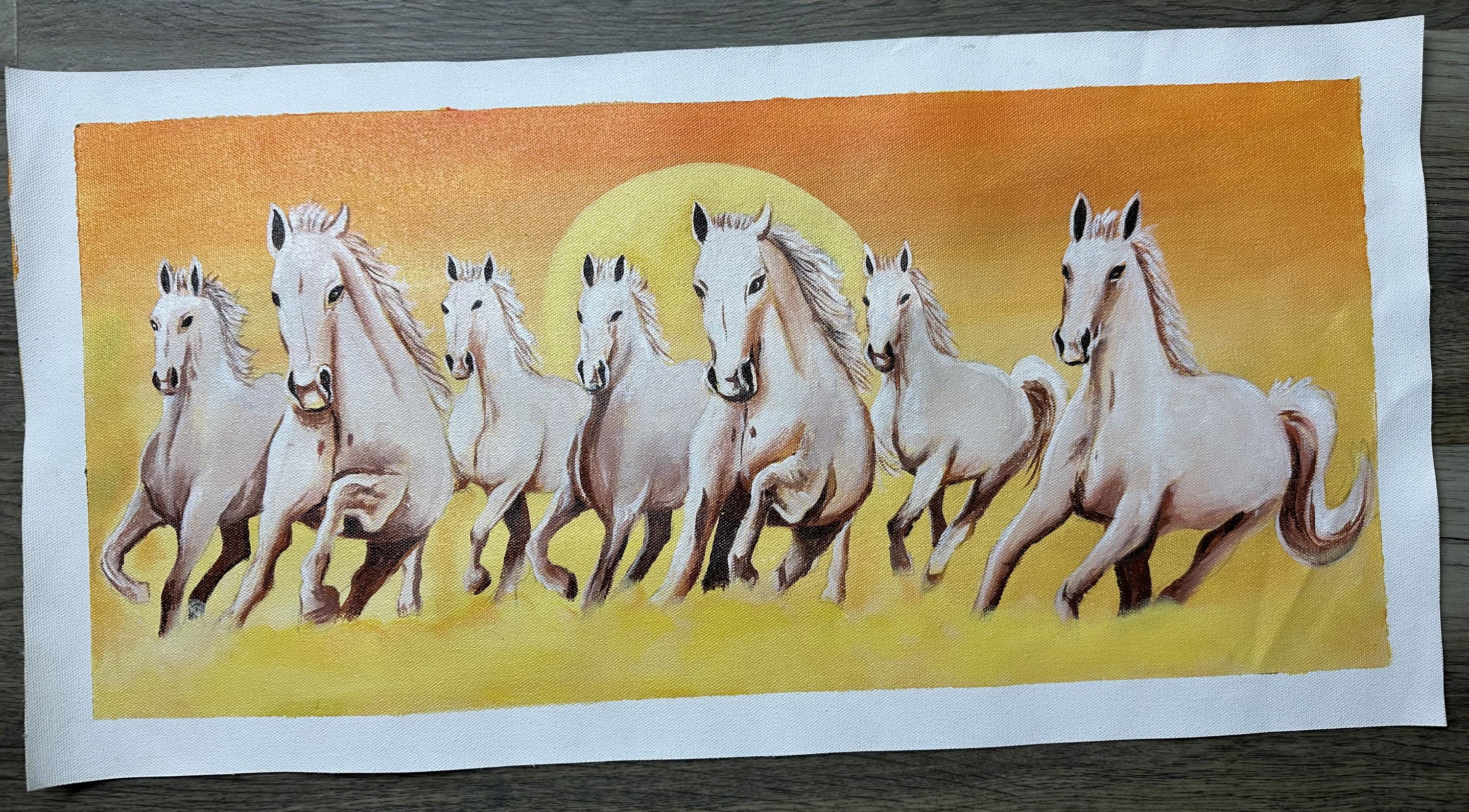 Seven White Horses Canvas Wall Art – Handmade Sunrise Painting for Living Room & Office Decor