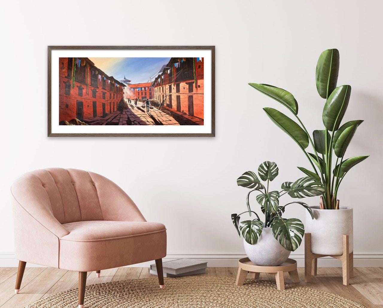 Kathmandu Valley Street – Acrylic Canvas Painting of Traditional Brick Houses & Daily Life