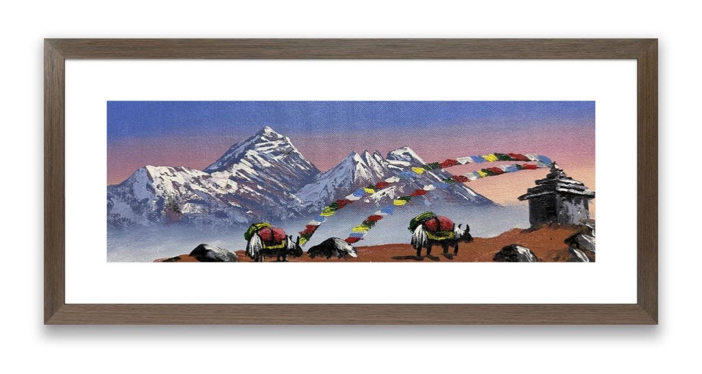 Yak Caravan with Prayer Flags – Himalayan Mountain Sunset Painting
