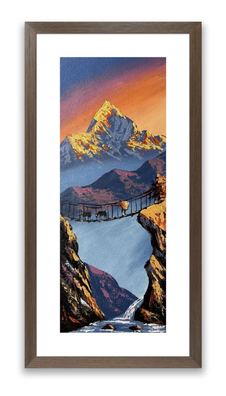 Golden Himalayan Peaks – Suspension Bridge and Waterfall Painting