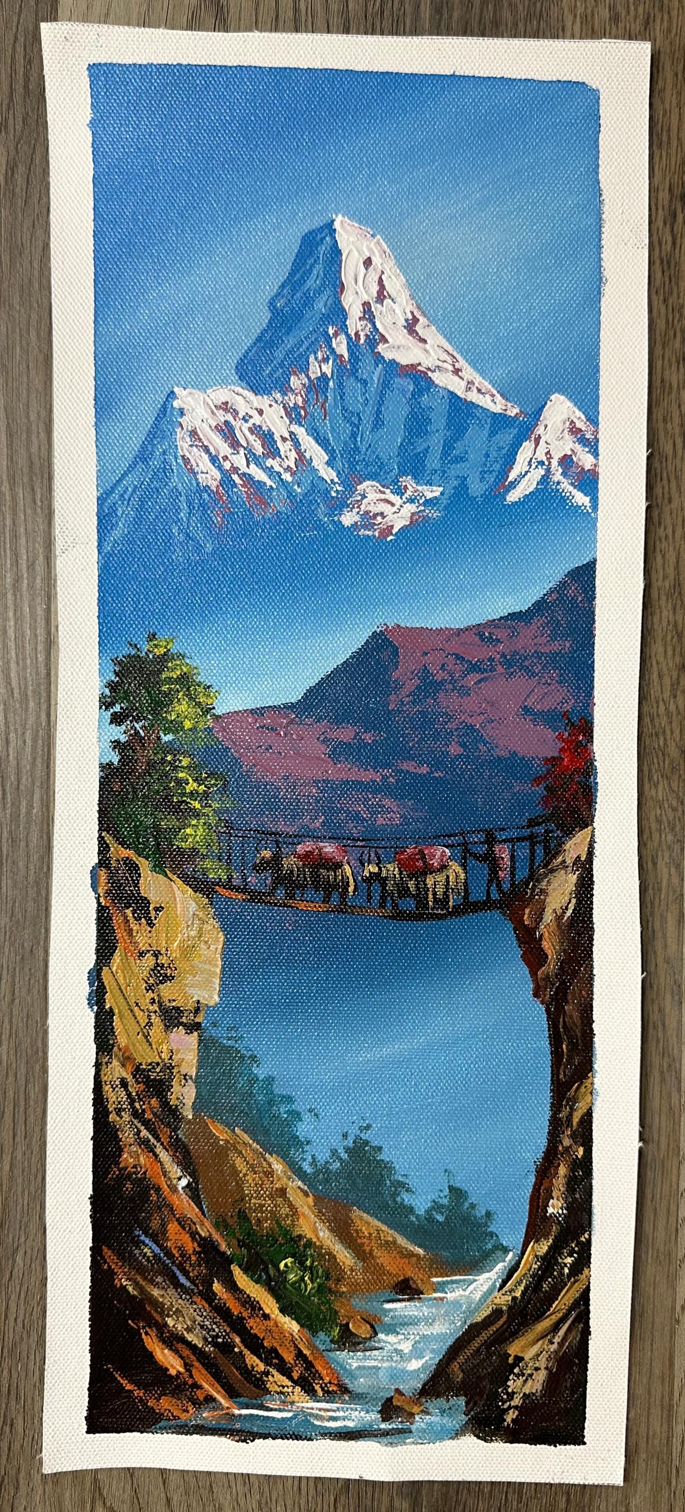 Vertical Himalayan Bridge – Acrylic Canvas Painting with Waterfall & Machhapuchhre