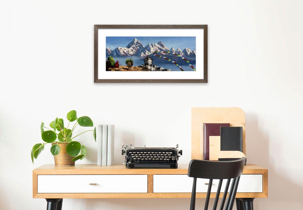 Mountain Stupa with Prayer Flags – Himalayan Landscape Painting