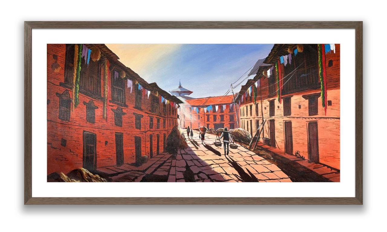 Kathmandu Valley Street – Acrylic Canvas Painting of Traditional Brick Houses & Daily Life