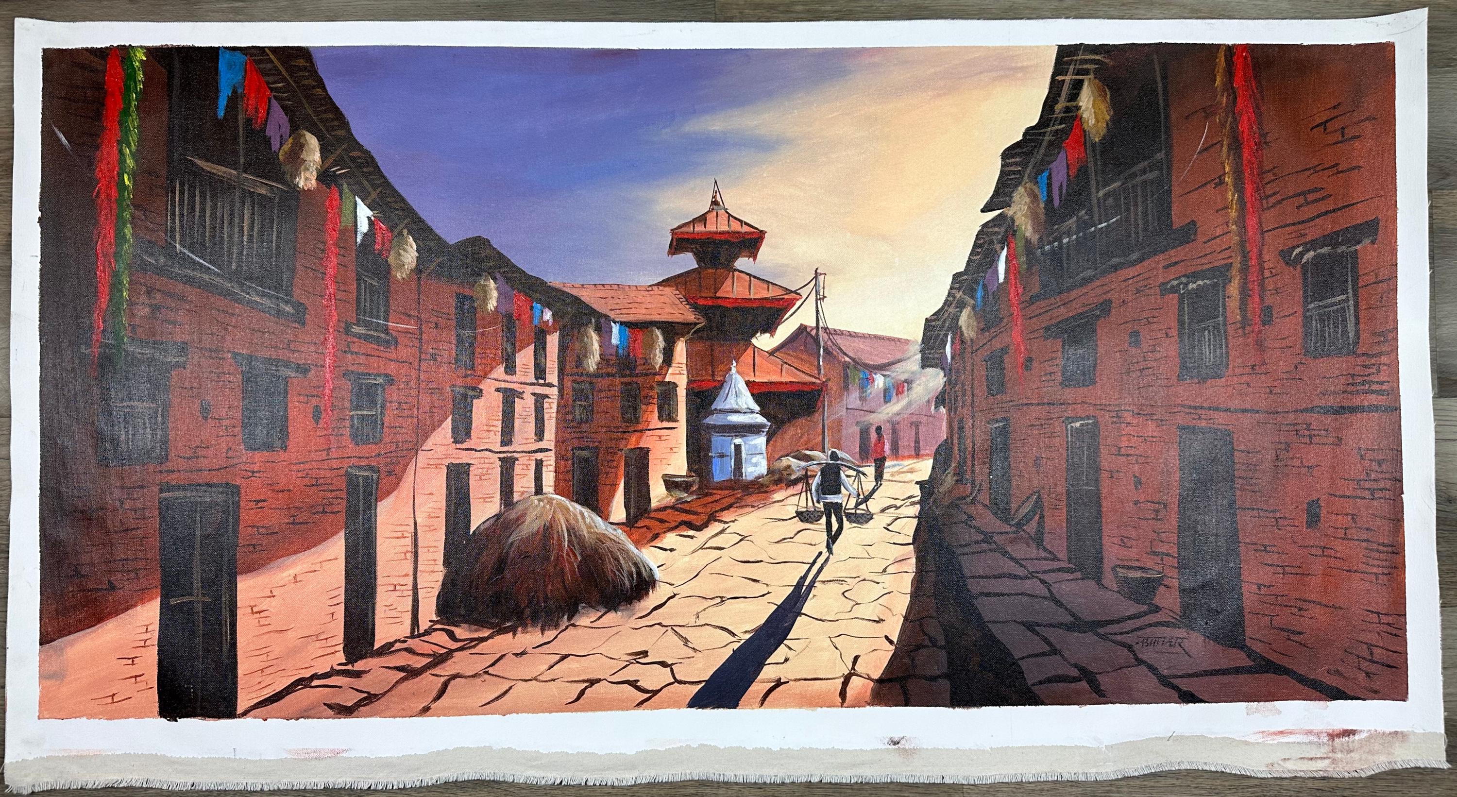 Kathmandu Heritage Street – Acrylic Canvas Painting of Newar Architecture & Pagoda Temple