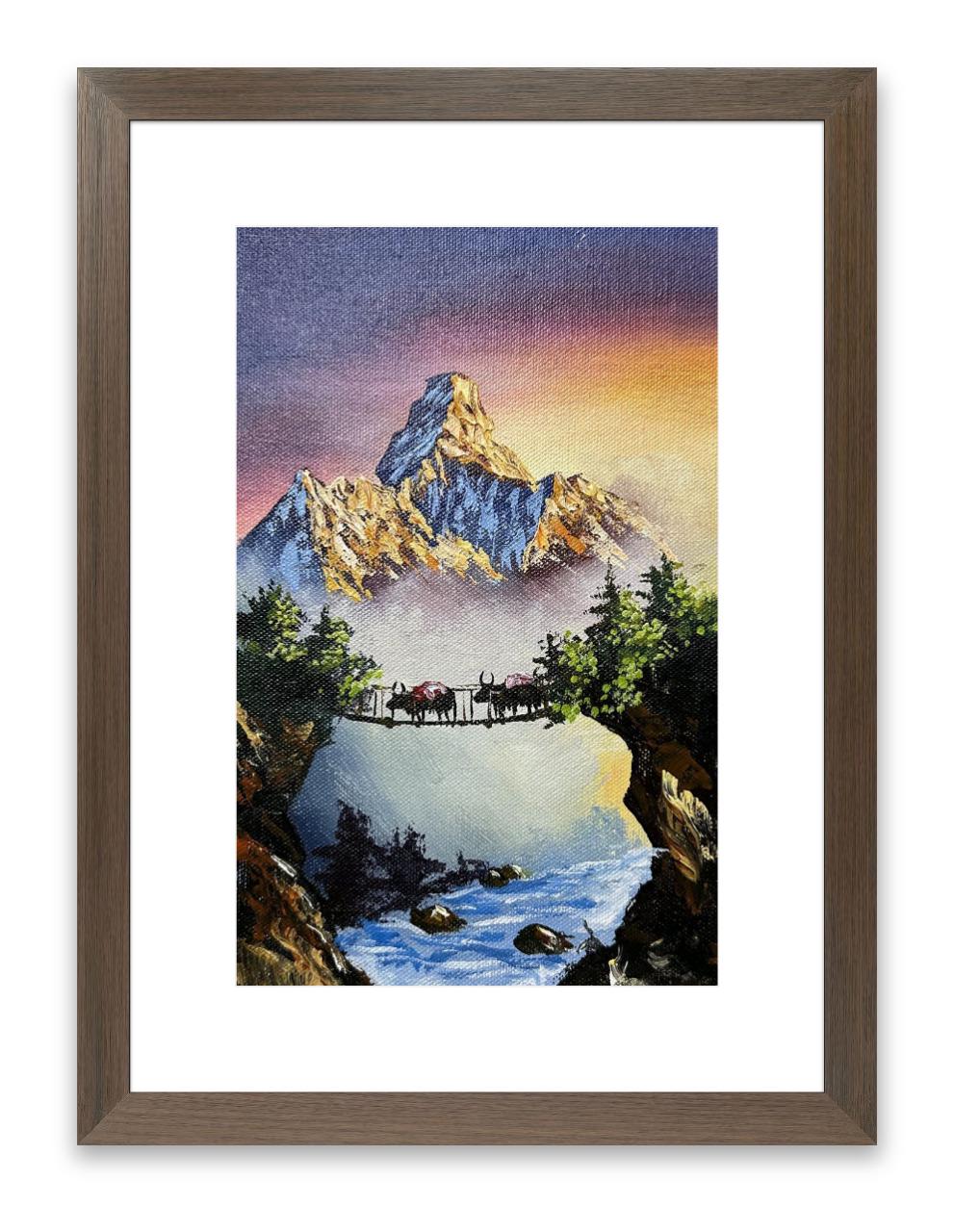Golden Bridge Crossing – Machapuchare Himalayan Sunset Painting