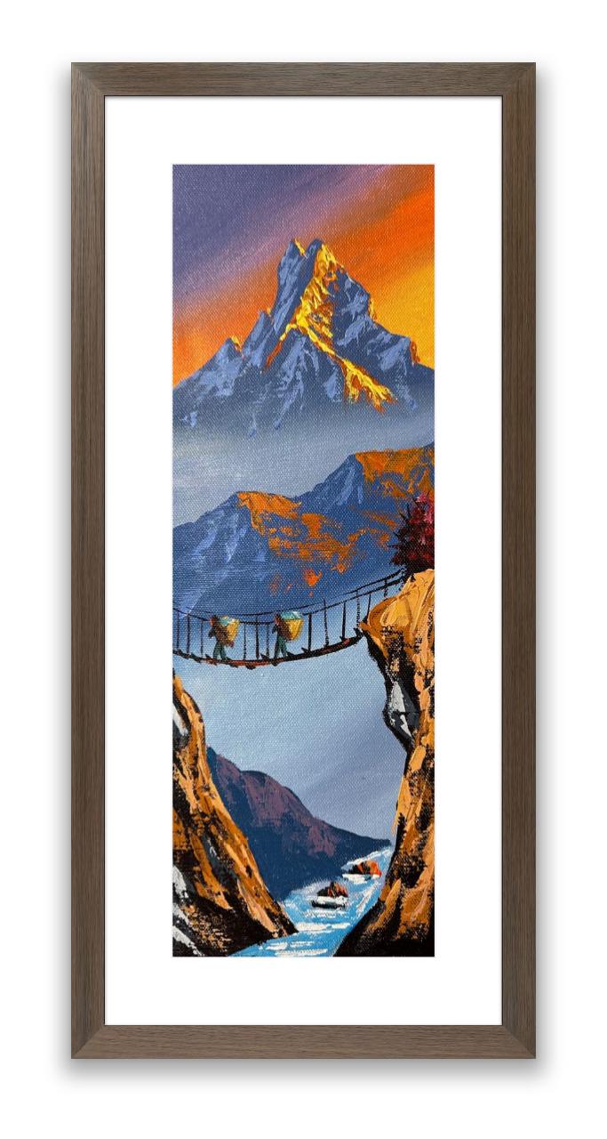 Vertical Golden Himalayan Bridge – Acrylic Canvas Painting with Sunset & Trekkers