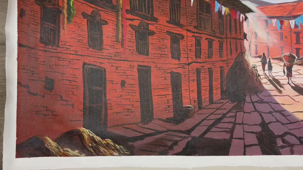 Kathmandu Valley Street – Acrylic Canvas Painting of Traditional Brick Houses & Daily Life