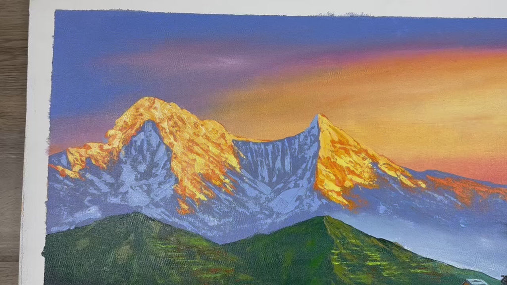 Himalayan Village Sunset – Acrylic Canvas Painting of Machhapuchhre & Nepali Countryside
