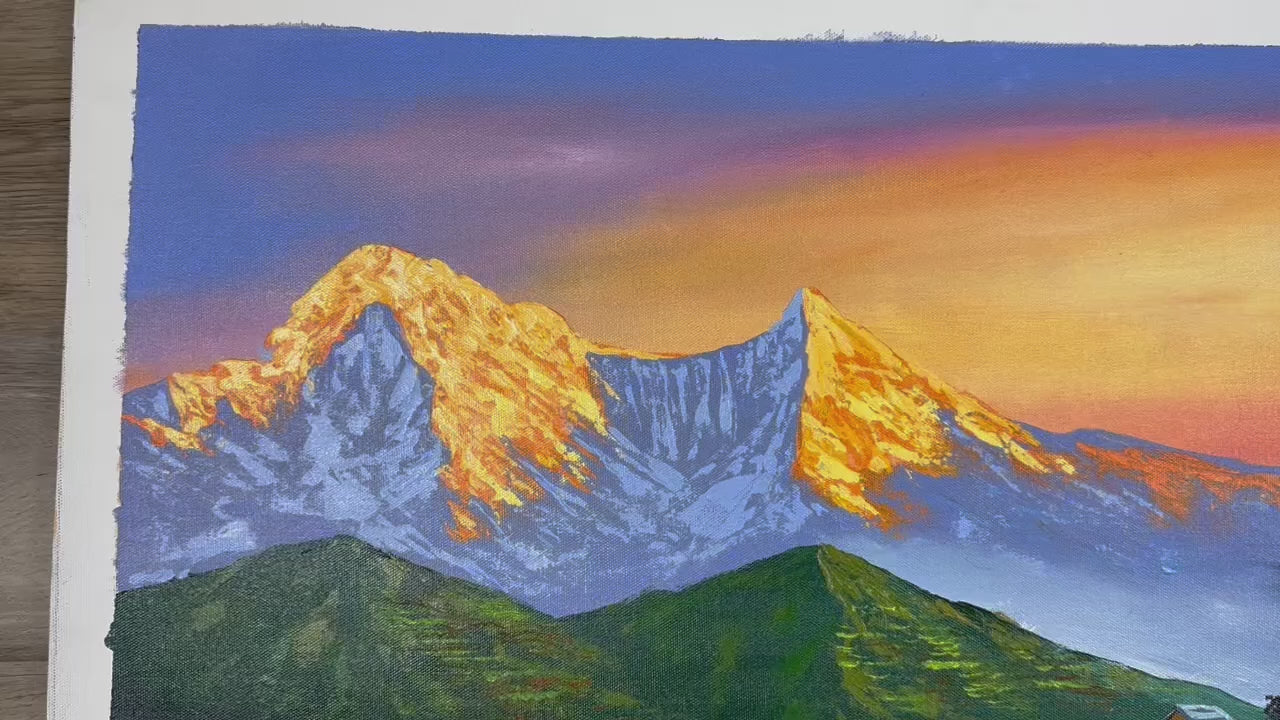 Himalayan Village Sunset – Acrylic Canvas Painting of Machhapuchhre & Nepali Countryside