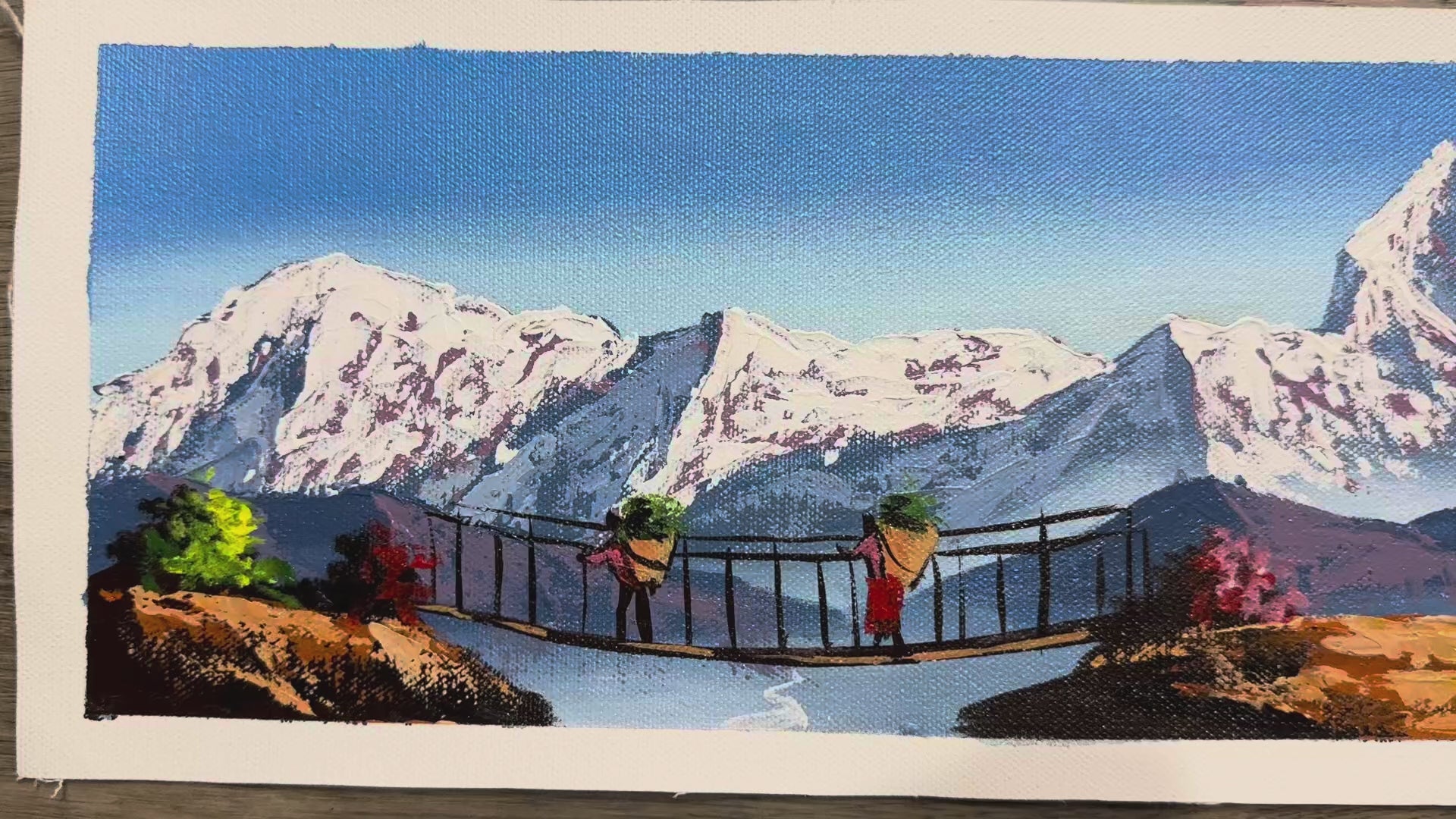 Himalayan Porters on Suspension Bridge – Acrylic Canvas Painting with Machhapuchhre