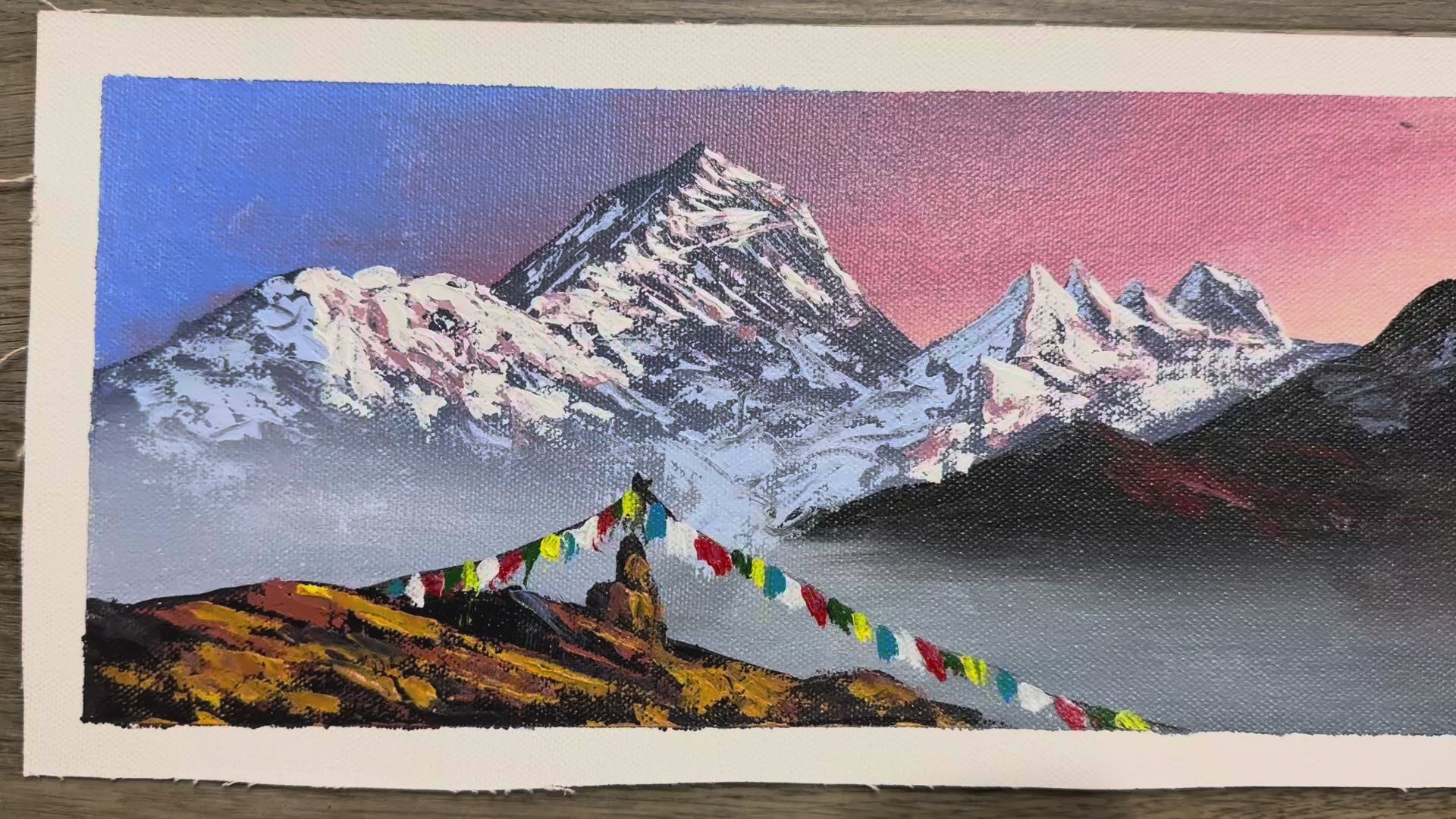 Mount Everest at Dawn – Prayer Flags and Himalayan Sunrise Painting