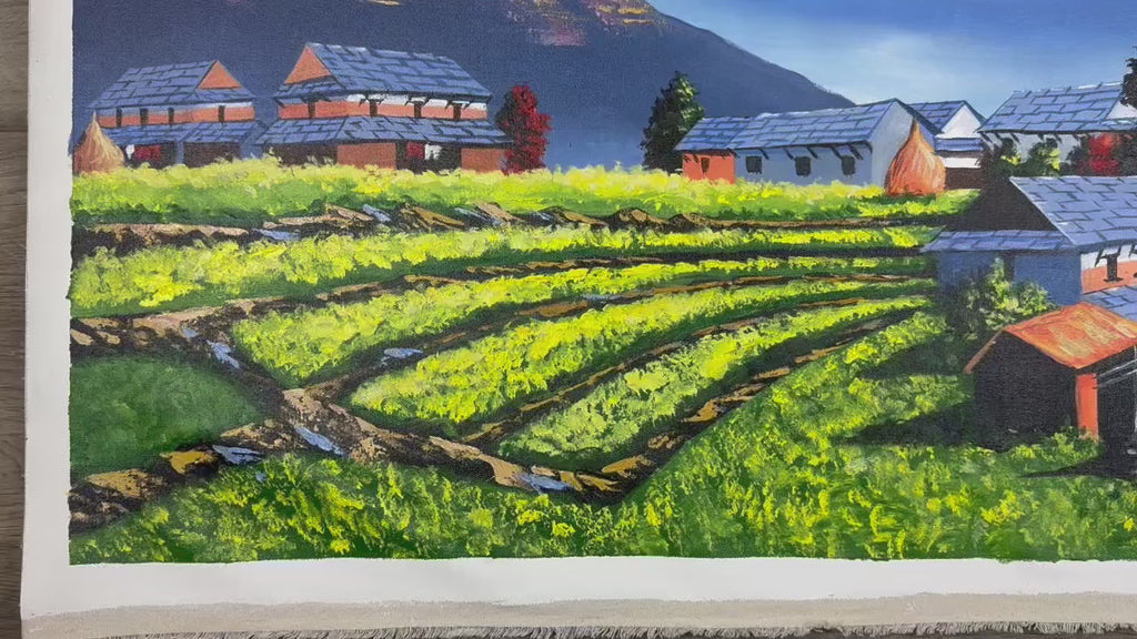 Himalayan Village Landscape – Acrylic Canvas Painting of Machhapuchhre & Terraced Fields