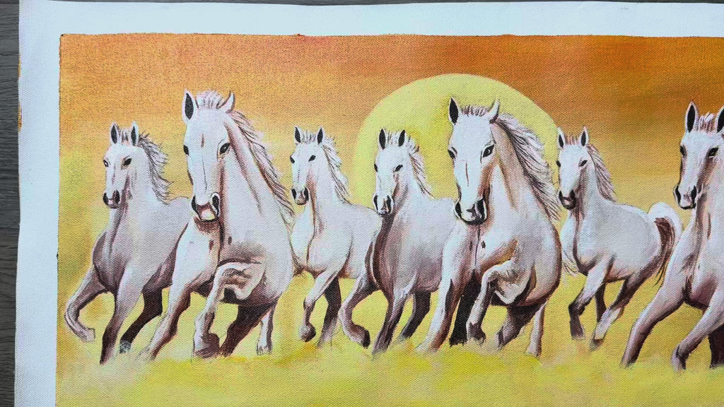 Seven White Horses Canvas Wall Art – Handmade Sunrise Painting for Living Room & Office Decor