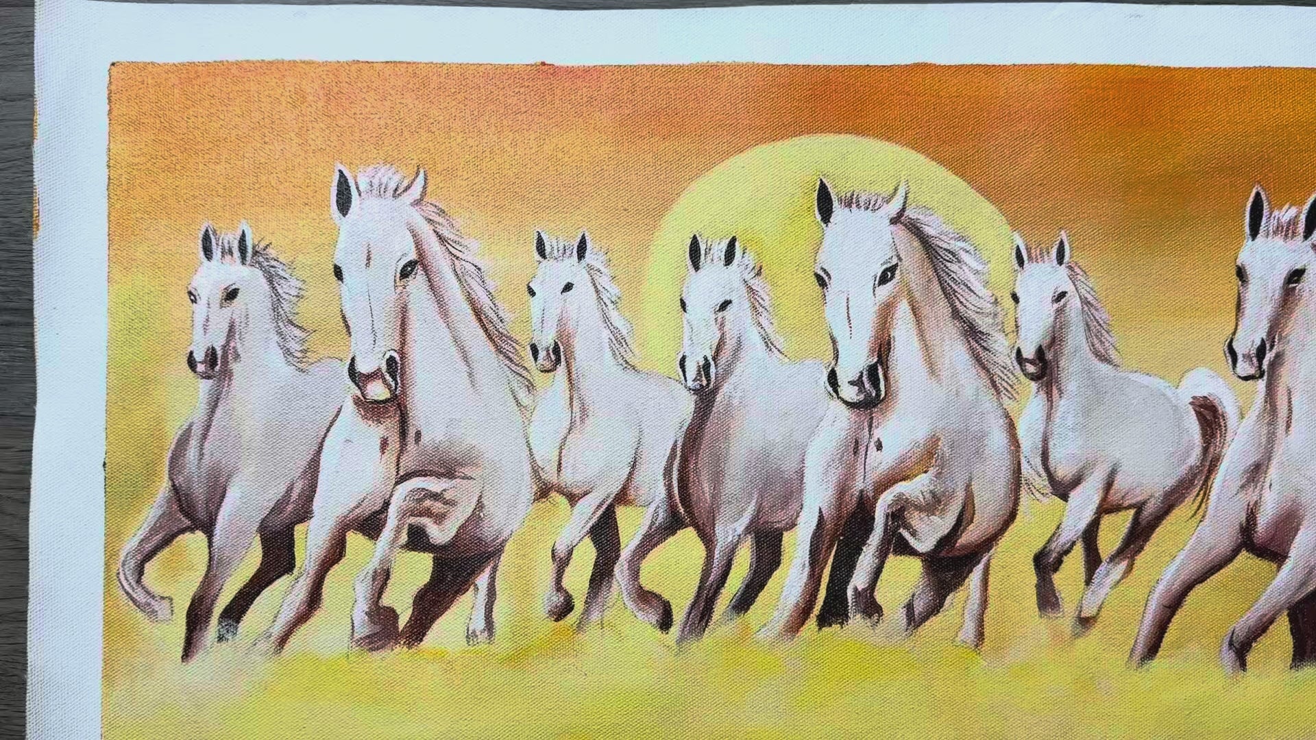 Seven White Horses Canvas Wall Art – Handmade Sunrise Painting for Living Room & Office Decor
