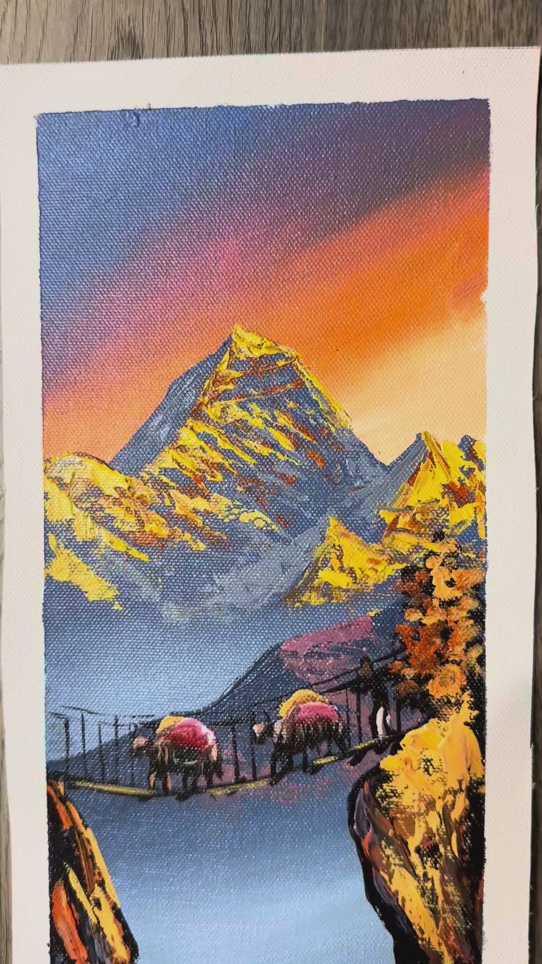 Golden Sunrise over Suspension Bridge – Himalayan Yak Caravan Painting