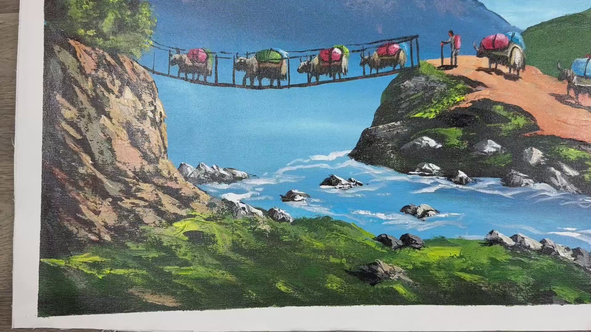Himalayan Yak Caravan – Acrylic Canvas Painting of Machhapuchhre, Suspension Bridge & Stupa