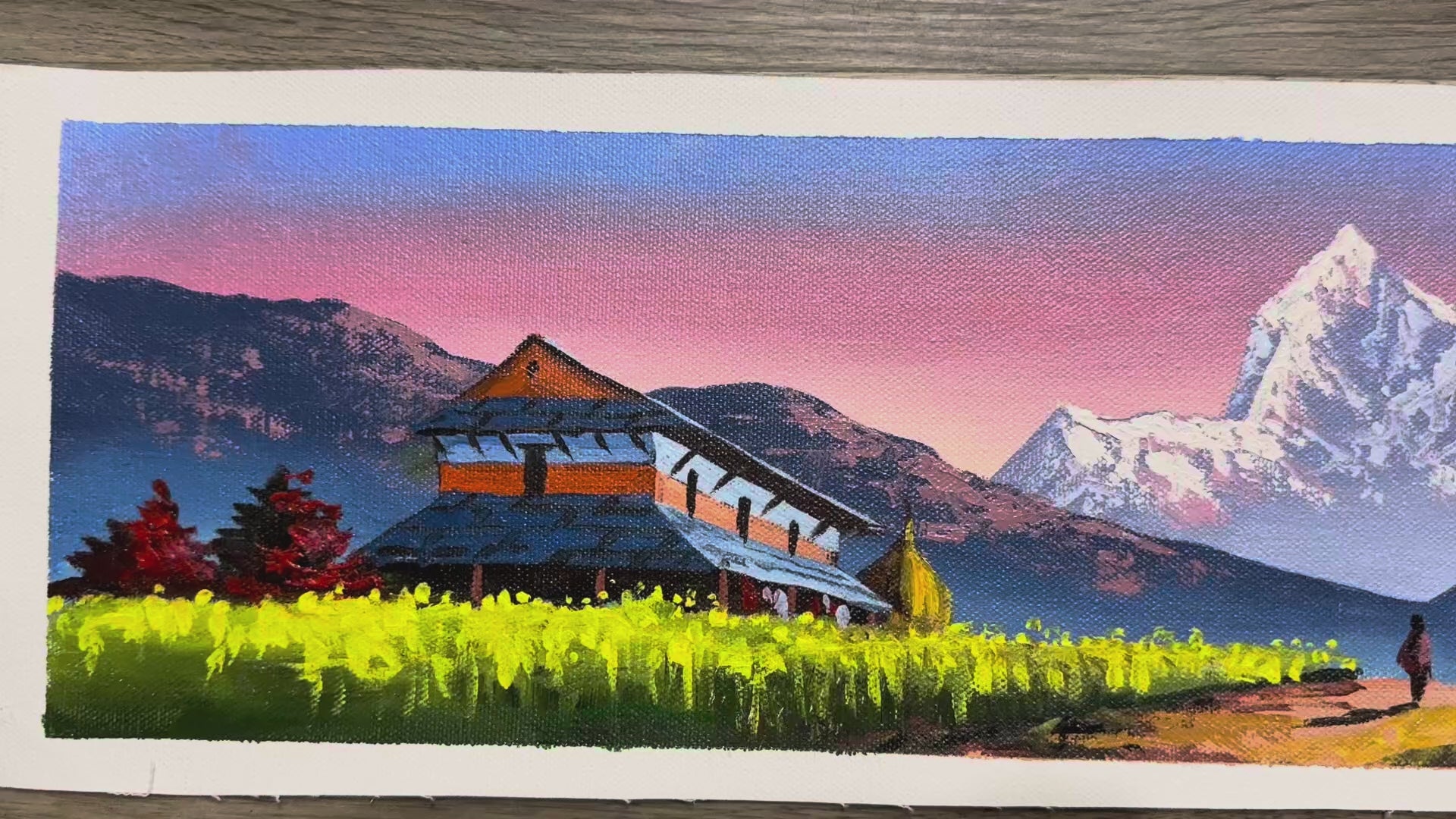 Mountain Village Morning – Himalayan Field and Fishtail Acrylic Canvas Painting
