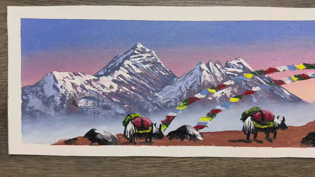 Yak Caravan with Prayer Flags – Himalayan Mountain Sunset Painting