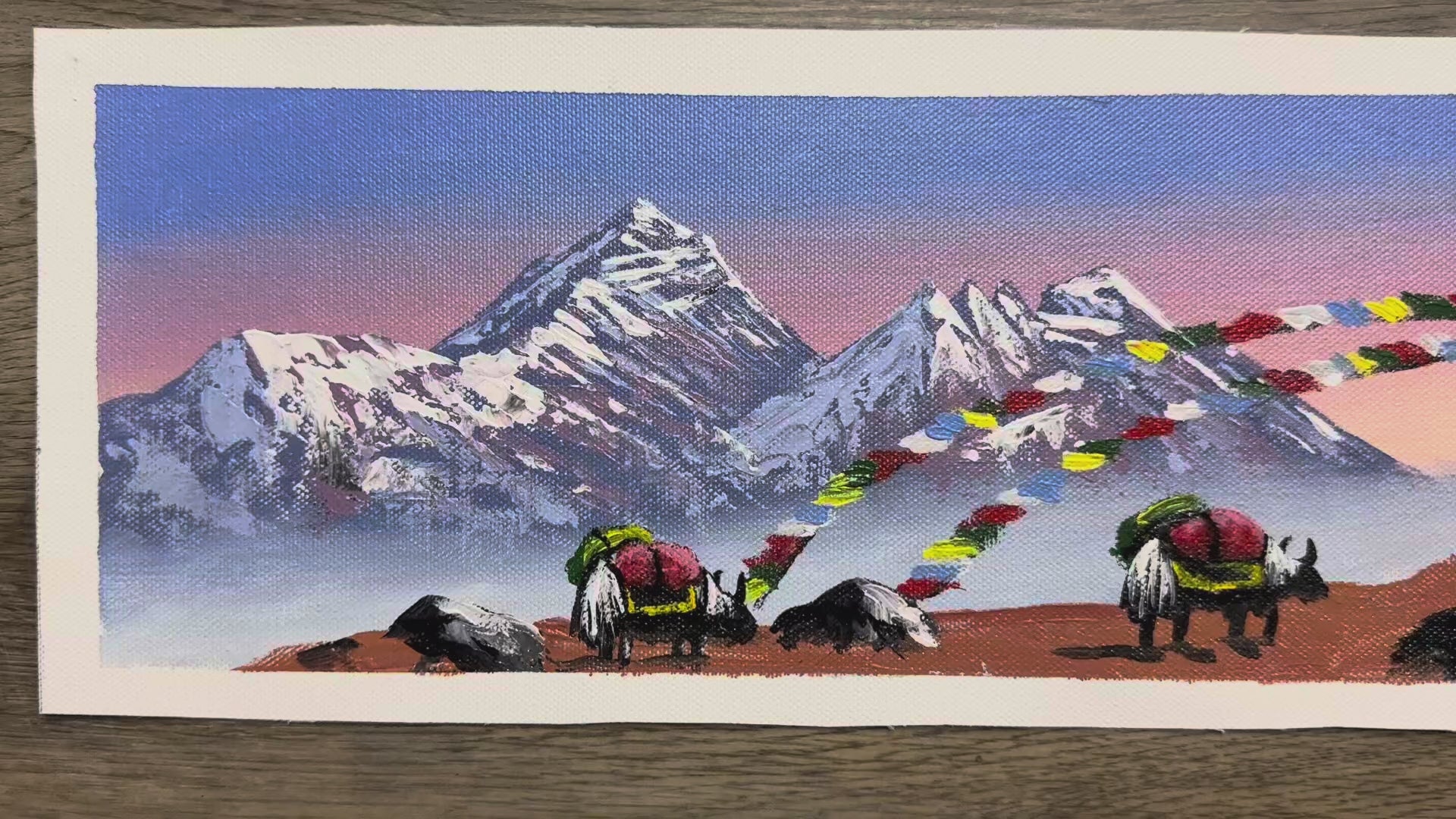 Yak Caravan with Prayer Flags – Himalayan Mountain Sunset Painting