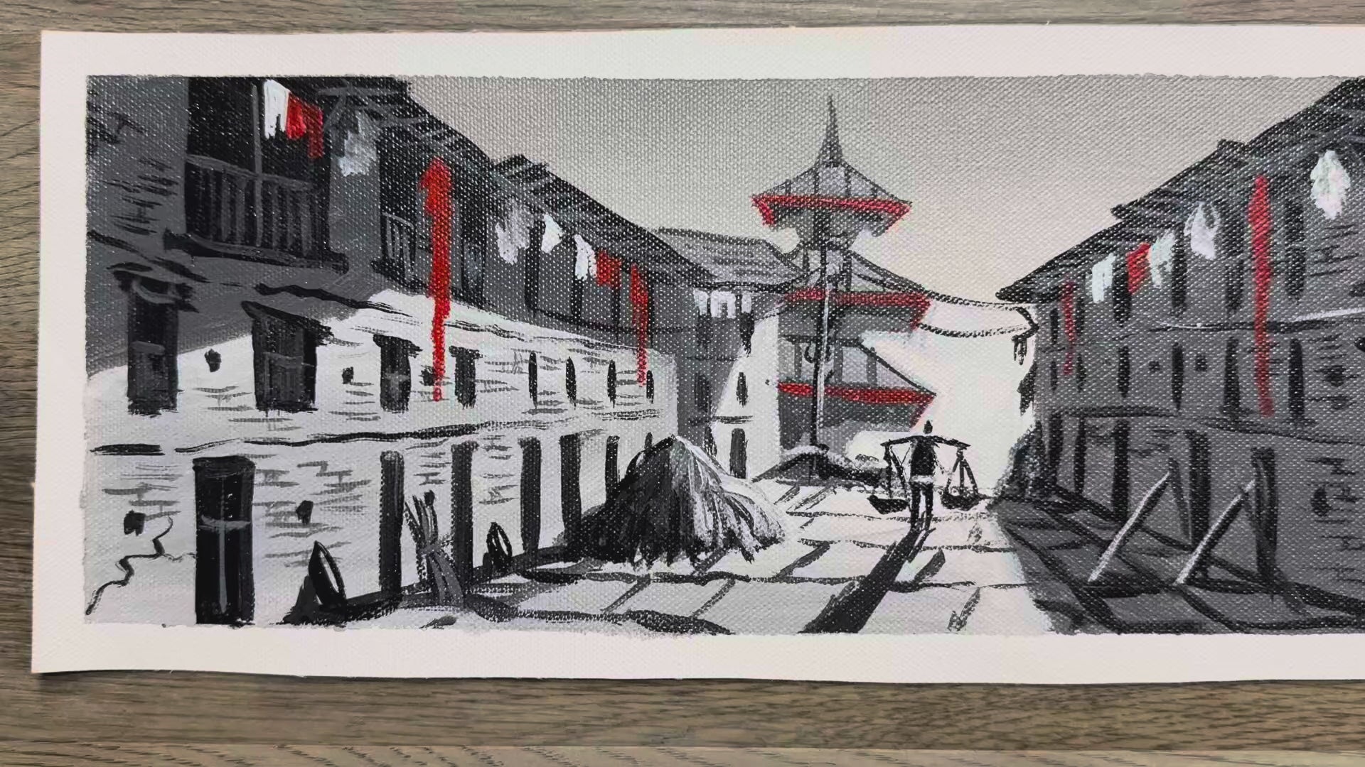 Monochrome Newar Alley – Red Accents and Pagoda Temple Painting