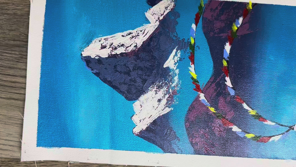 Ama Dablam Sunrise – Prayer Flags and Lone Traveler Himalayan Painting