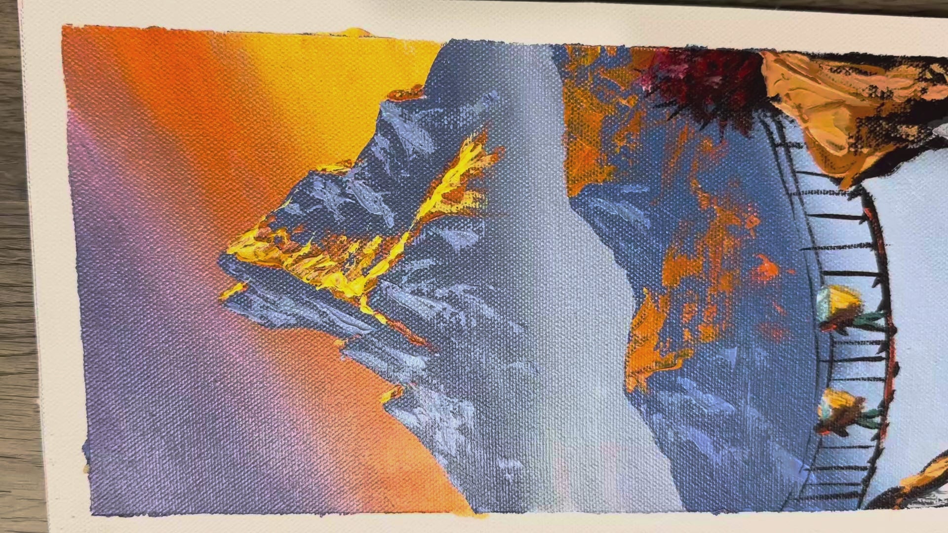 Vertical Golden Himalayan Bridge – Acrylic Canvas Painting with Sunset & Trekkers