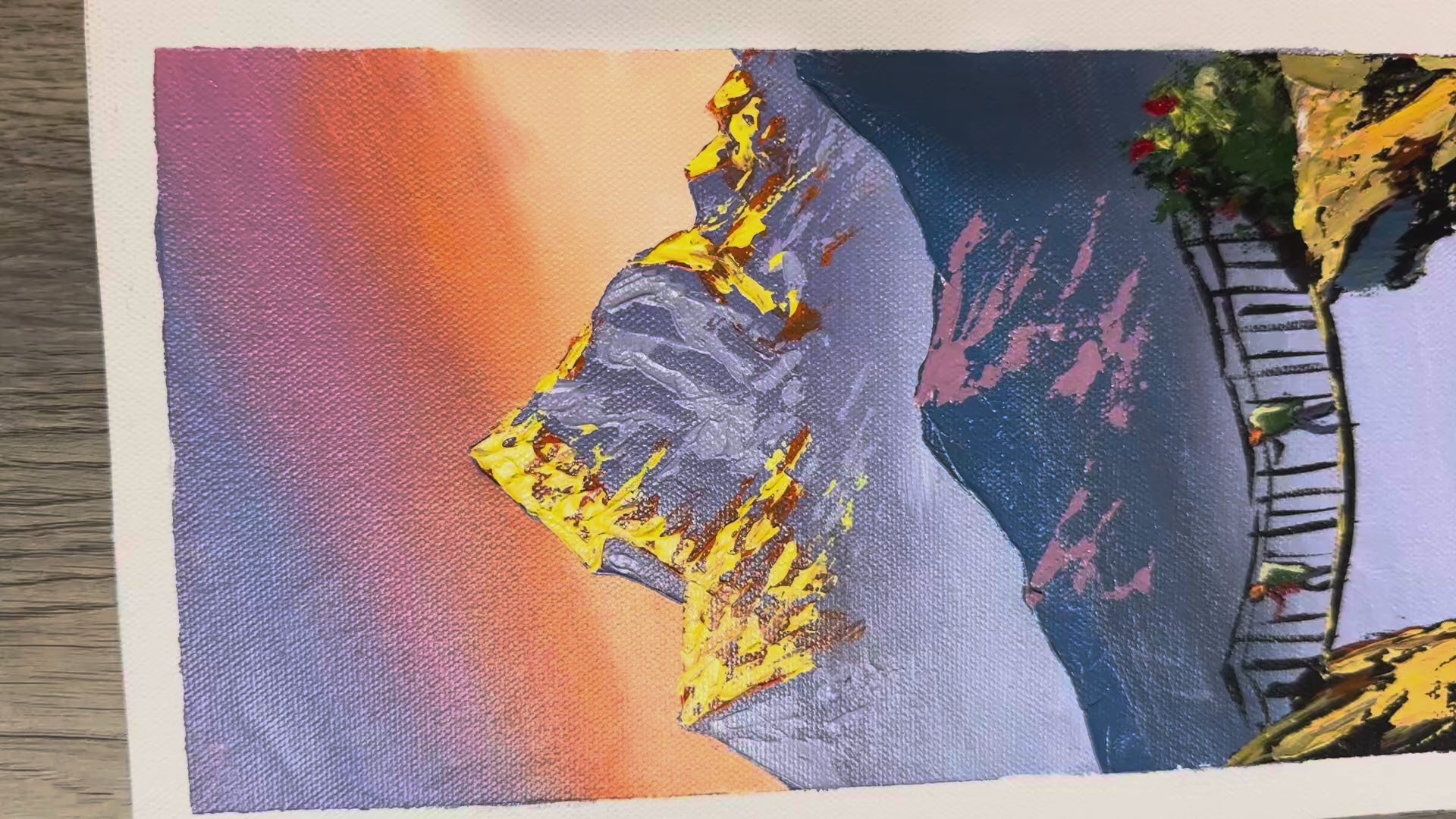 Vertical Himalayan Bridge – Acrylic Canvas Painting of Golden Peaks & Waterfall