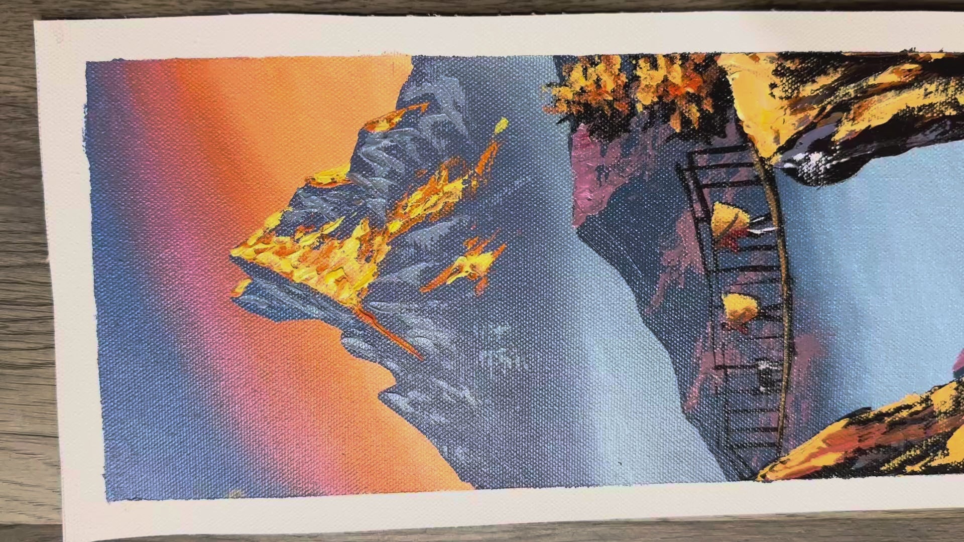 Golden Himalayan Sunrise – Vertical Acrylic Canvas Painting with Porters on Bridge & Waterfall