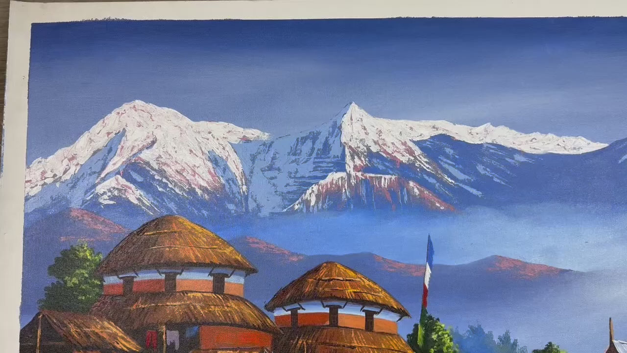 Himalayan Village Life – Acrylic Canvas Painting of Machhapuchhre & Annapurna with Traditional Homes